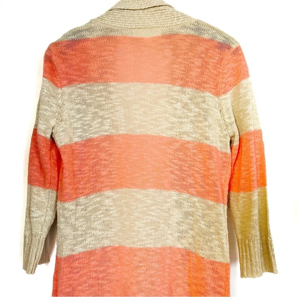 Striped Cardigan Beige Fluorescent Pink Bright 3/4 Sleeve Small 2010s Pink Rose - Picture 8 of 10
